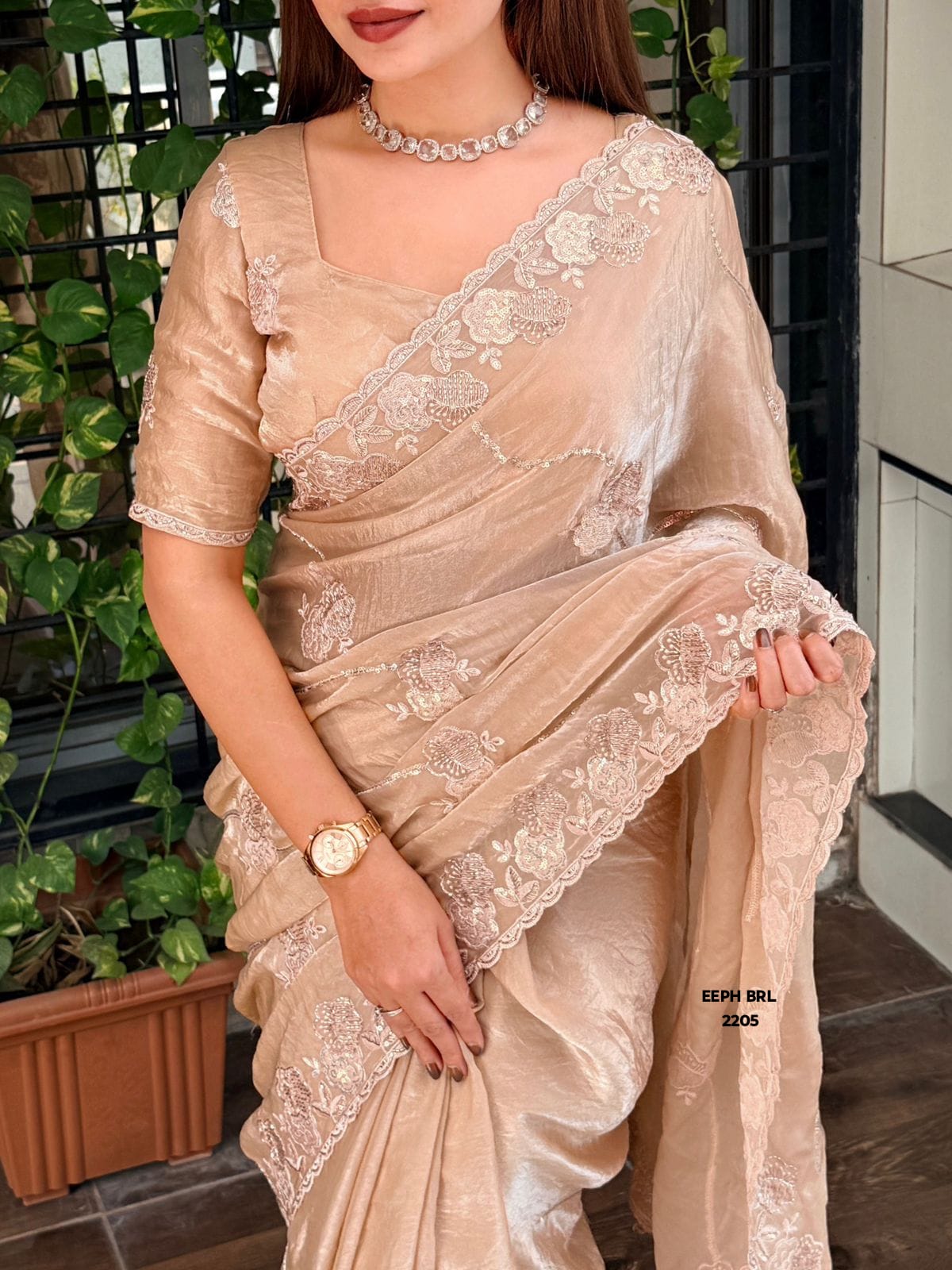Product Name: Champagne Beige Embroidered Designer Saree
